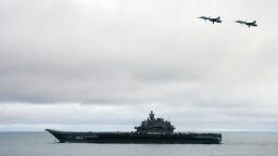 AT BARENTS SEA, RUSSIAN FEDERATION:  Russian aircraft-carrier Admiral Kuzhetsov is seen during a military exercises of the North Fleet, 17 August 2005. Two submarines, the Northern Fleet's flagship Pyotr Veliky cruiser and Russia's only aircraft carrier Admiral Kuznetsov, as well as long-range aircraft, were taking part in the Barents Sea manoeuvres, the first of four exercises due to take place in August and September. AFP PHOTO / ITAR-TASS / PRESIDENTIAL PRESS SERVICE  (Photo credit should read ALEXEY PANOV/AFP/Getty Images)