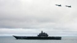 AT BARENTS SEA, RUSSIAN FEDERATION:  Russian aircraft-carrier Admiral Kuzhetsov is seen during a military exercises of the North Fleet, 17 August 2005. Two submarines, the Northern Fleet's flagship Pyotr Veliky cruiser and Russia's only aircraft carrier Admiral Kuznetsov, as well as long-range aircraft, were taking part in the Barents Sea manoeuvres, the first of four exercises due to take place in August and September. AFP PHOTO / ITAR-TASS / PRESIDENTIAL PRESS SERVICE  (Photo credit should read ALEXEY PANOV/AFP/Getty Images)
