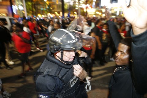 Protesters march in the streets of Charlotte on September 21.
