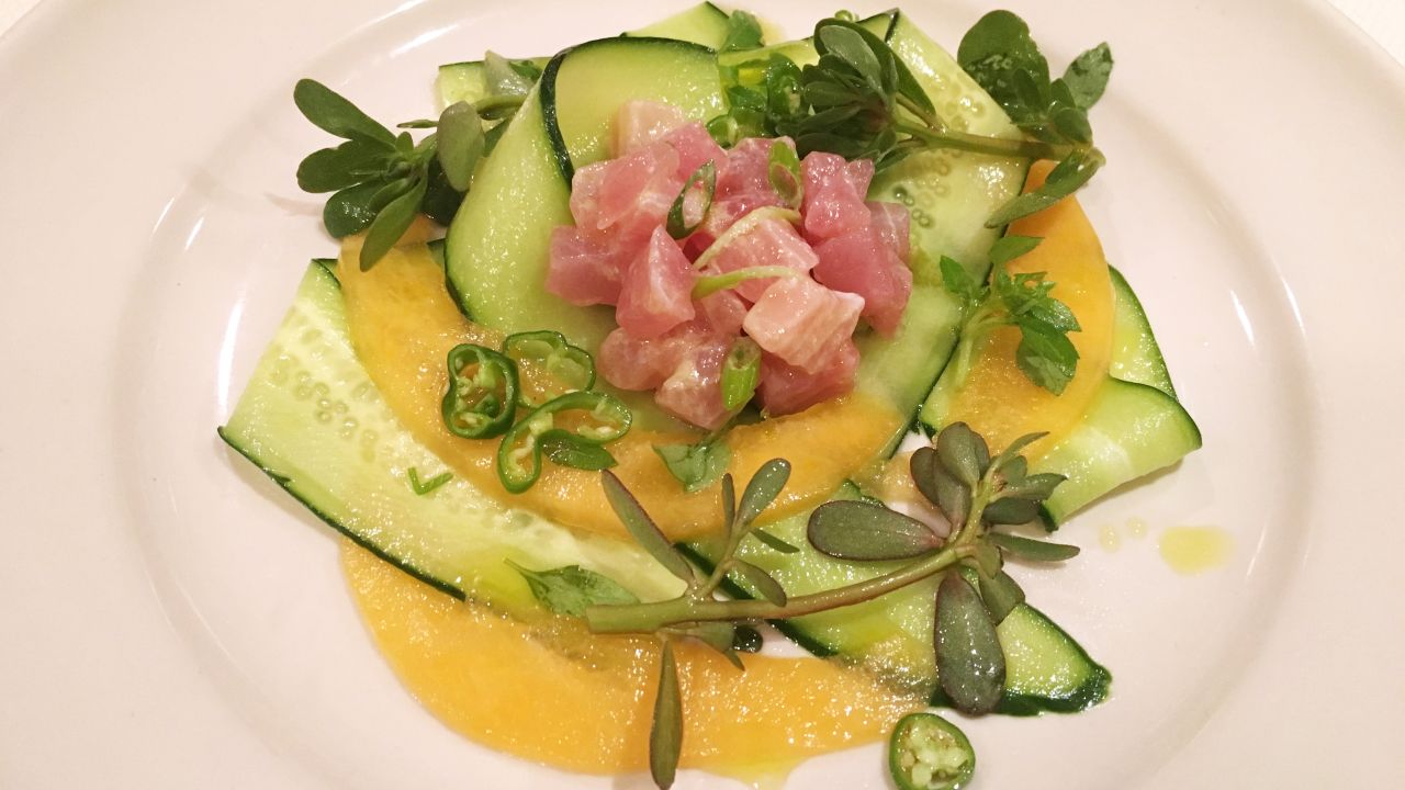 This first course consisted of cucumber, purslane, padron peppers, melon charentais and yellowtail jack tartare.
