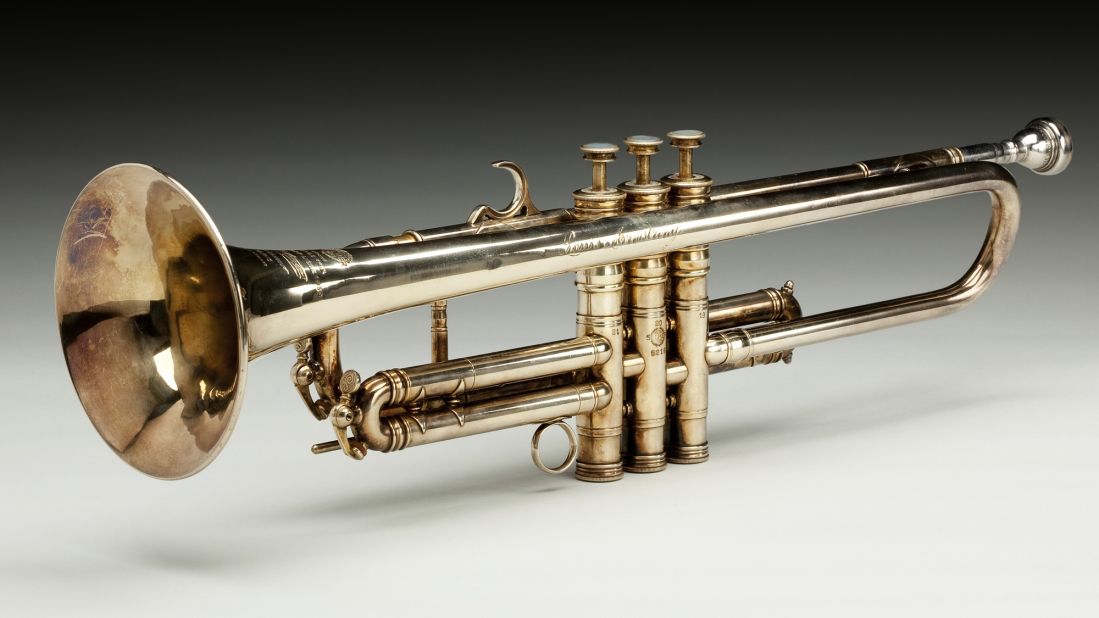 Internationally renowned musician Louis Armstrong owned this 1946 Henri Selmer B-flat trumpet, which was custom-made and inscribed for him by the Selmer Company. 