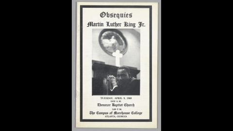 A 16-page program for the April 9, 1968, funeral service for Martin Luther King, Jr., at Ebenezer Baptist Church in Atlanta was stored in a cloth clamshell box with a leather label.