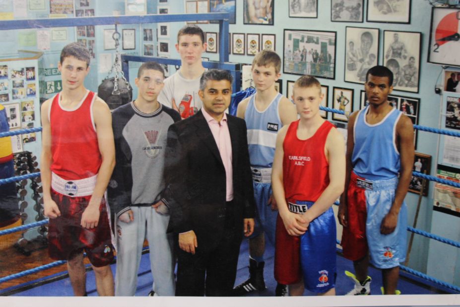 Sadiq Khan (middle) still regularly visits Earlsfield ABC, where his brothers and nephews are fixtures. This photo of Khan with young prospects hangs on the wall of the club. 