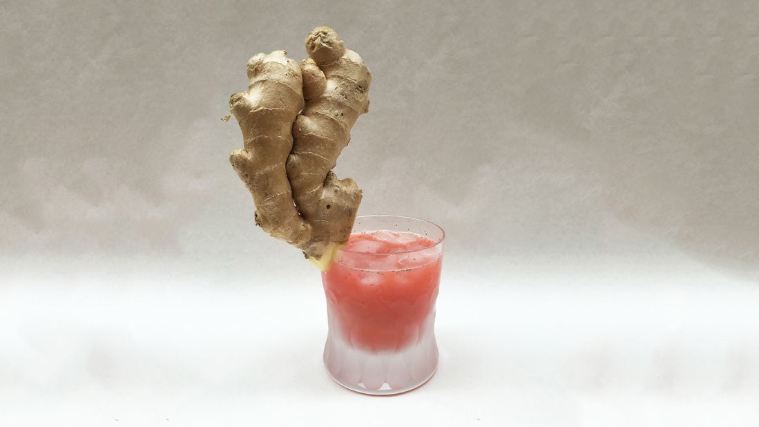 Martino Gamper's cocktail comprises ginger root, strawberries, Champagne and ice. 