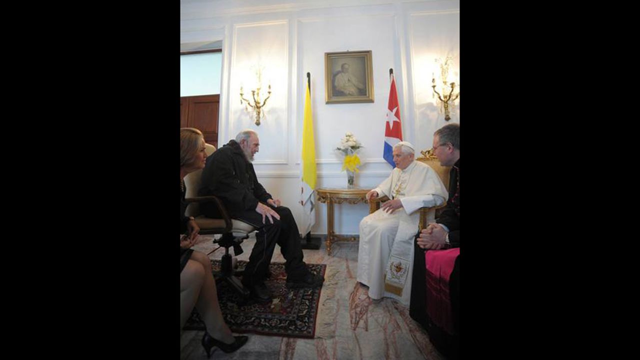 Pope Benedict XVI and Fidel Castro discuss world issues and exchange gifts in March 2012. 