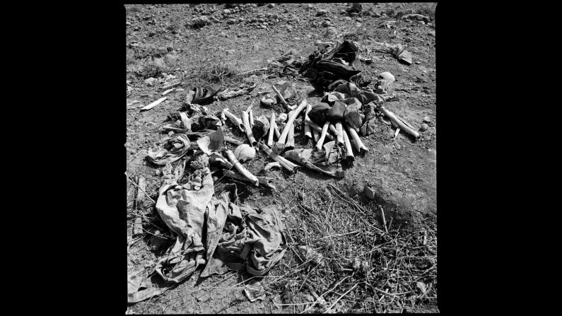 These human bones were dug up from mass graves near Sinjar. ISIS militants executed men and boys from the Yazidi minority group.