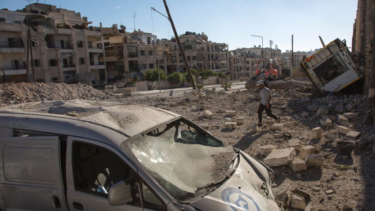 A picture shows destruction following an air strike in the rebel-held Ansari district in the northern Syrian city of Aleppo on September 23, 2016.