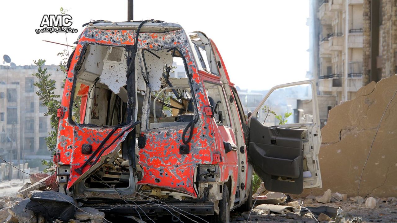 A destroyed ambulance pictured in the aftermath of airsrikes on eastern Aleppo.