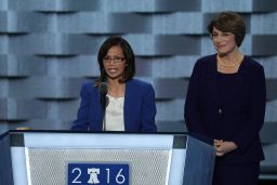 Ima Matul speaks at the Democratic National Convention, alongside 
Senator Amy Klobuchar.