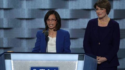 Ima Matul speaks at the Democratic National Convention, alongside
Senator Amy Klobuchar.