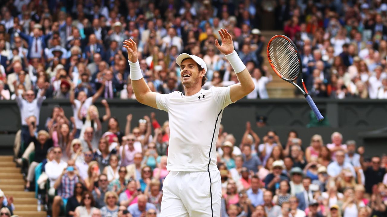 LONDON, ENGLAND - JULY 10:  Andy Murray of Great Britain celebrates victory during the Men's Singles Final against Milos Raonic of Canada on day thirteen of the Wimbledon Lawn Tennis Championships at the All England Lawn Tennis and Croquet Club on July 10, 2016 in London, England.  (Photo by Julian Finney/Getty Images)
