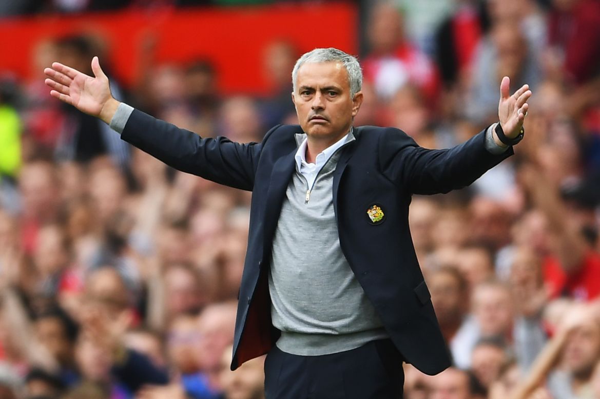 Jose Mourinho, manager of Manchester United reacts during the Premier League match against Leicester City at Old Trafford. Mourinho benched star striker Wayne Rooney before the match, which his team won 4-1.  