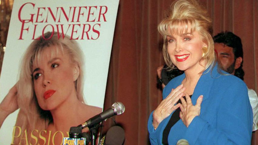 Gennifer Flowers, who claims to have carried on a 12-year relationship with Bill Clinton, answers questions about her book "Passion and Betrayal" during a press conference 24 April,1995.  