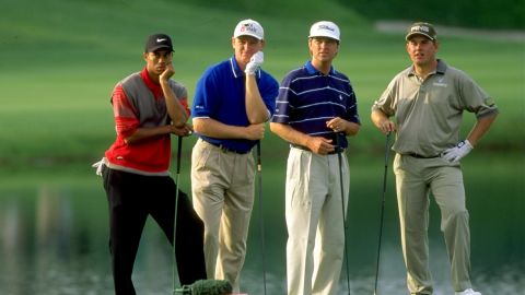 The rivalry between Englishman Lee Westwood (far right) and American Davis Love III (second from right) stretches back to their peaks two decades ago. This 1998 photo features Ernie Els (second from right) and Tiger Woods, whose selection as Ryder Cup vice-captain Westwood has questioned. 