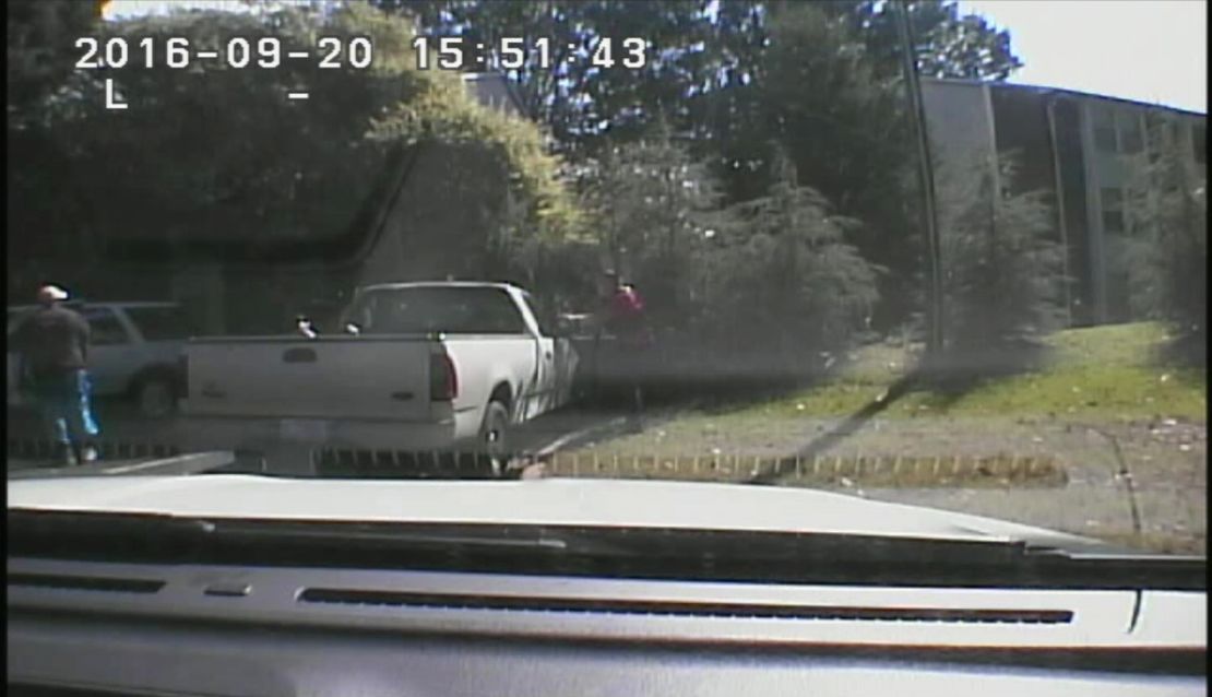 An image taken from dashcam video released by the Charlotte-Mecklenburg Police Department showing the moment before officers shot and killed Keith Scott. 