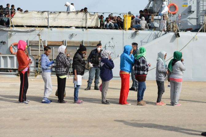 Women and children are often first ones to leave the rescue vessels.