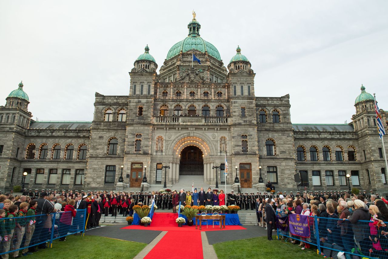 An official welcome ceremony greets the royals at the Legislative Assembly in Victoria.