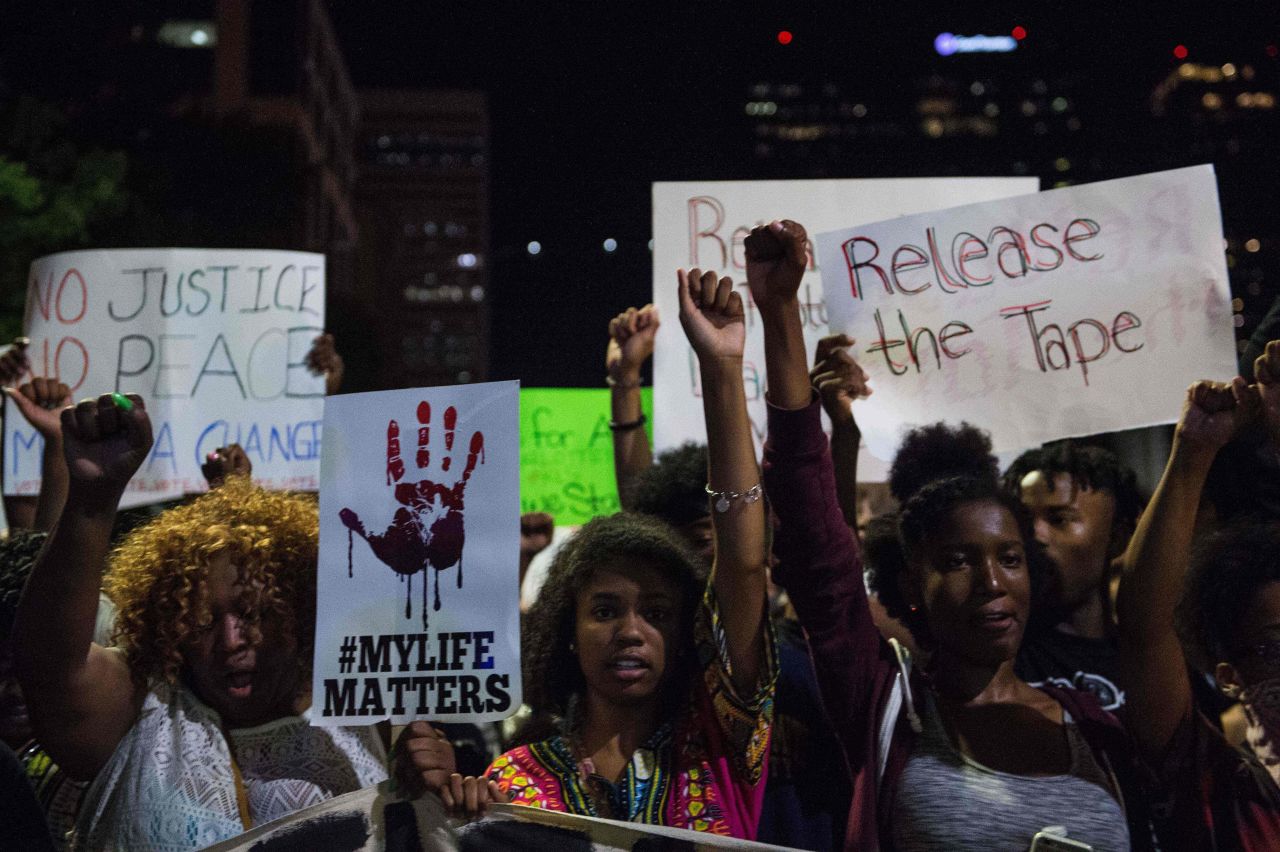 Protesters march in Charlotte on September 23.