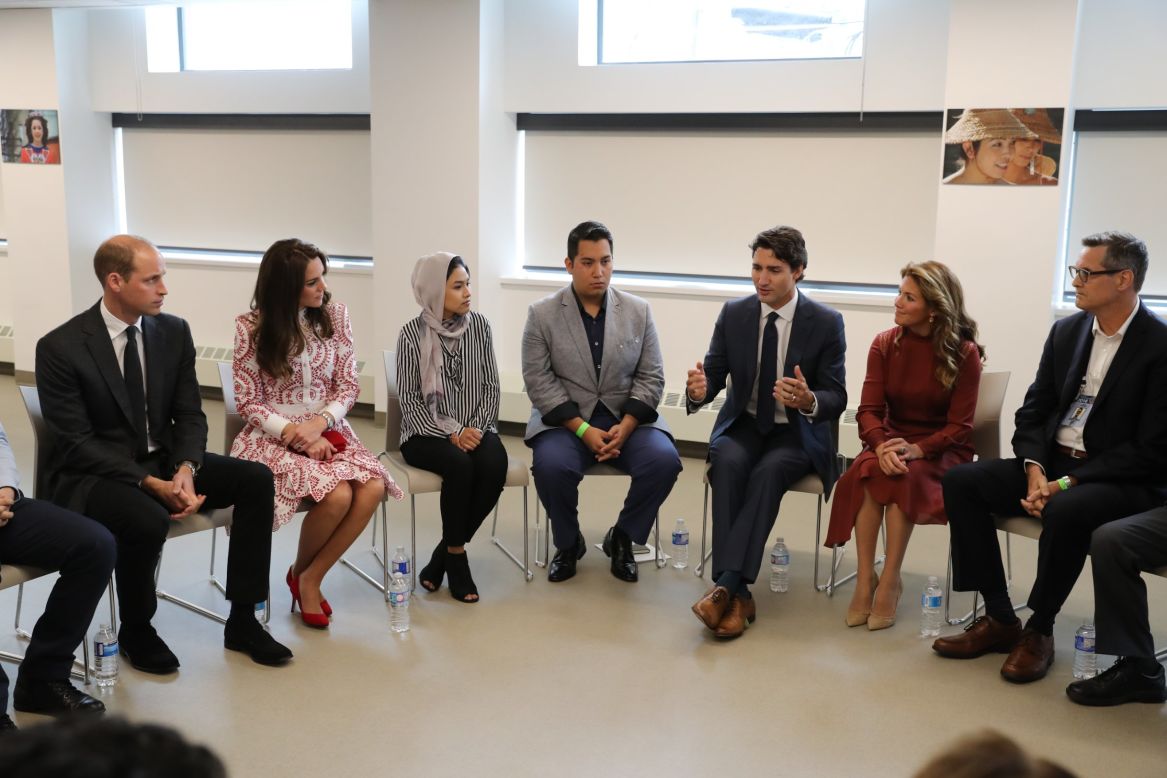 The royals join Trudeau and his wife at the Immigrant Services Society of British Columbia.