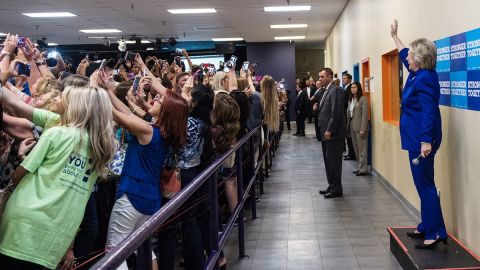 People <a href="http://www.cnn.com/2016/09/26/politics/hillary-clinton-crowd-selfie-goes-viral/" target="_blank">take selfies</a> in front of Democratic presidential nominee Hillary Clinton at a campaign rally in Orlando on Sunday, September 25.