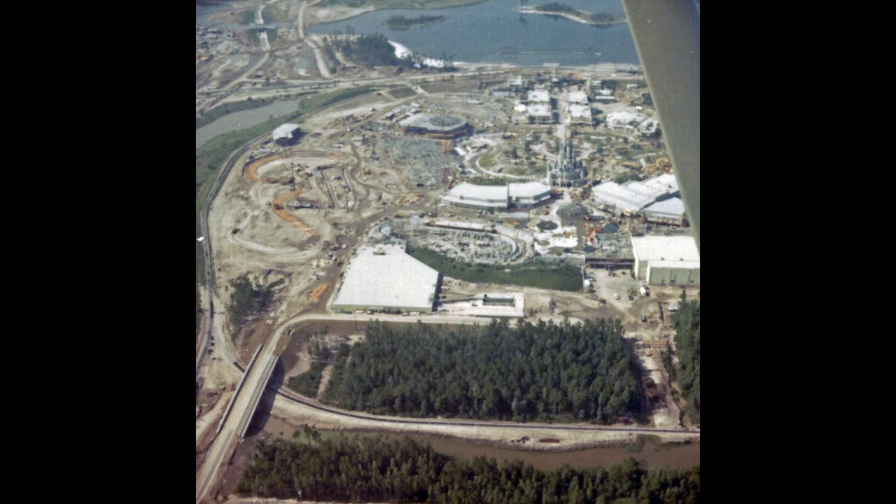 <strong>Aerial view of the construction site —</strong> "Walt Disney previously conducted flyovers of this property that was scouted out by his colleagues, eventually selecting a location along I-4 south of Orlando, Florida," Valdes said. "Sadly, Walt Disney passed away prior to construction of the park." The Magic Kingdom opened in 1971.