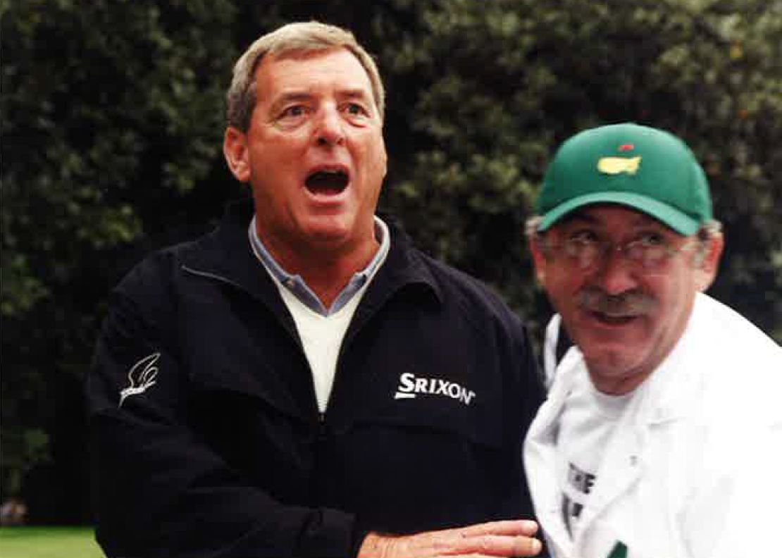 Fuzzy Zoeller goofs off with the crowd. 