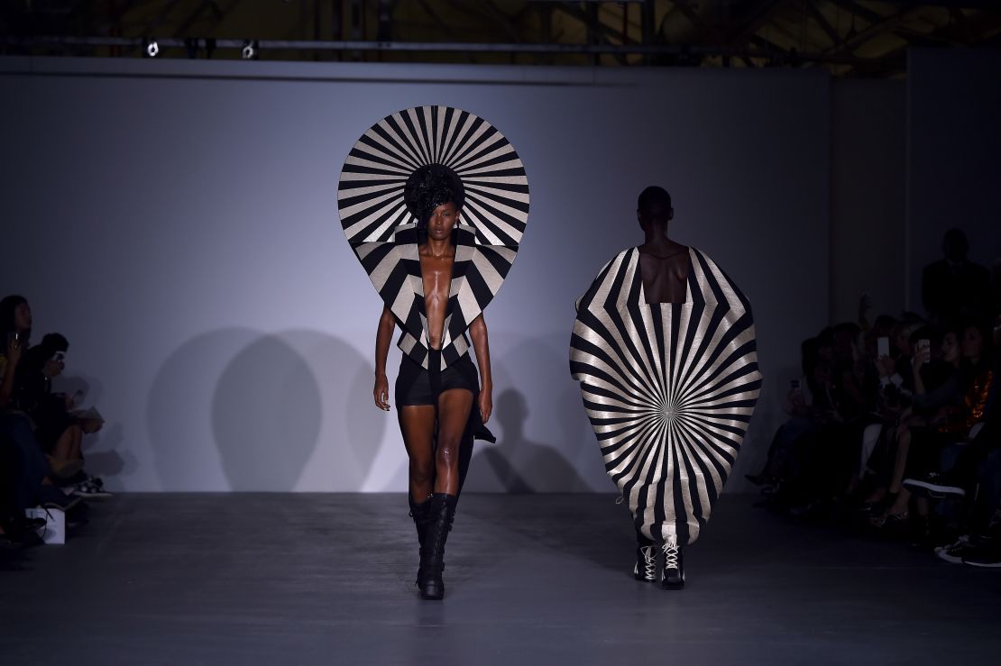 Models walk the runway at the Gareth Pugh show during London Fashion Week Spring-Summer collections 2017.