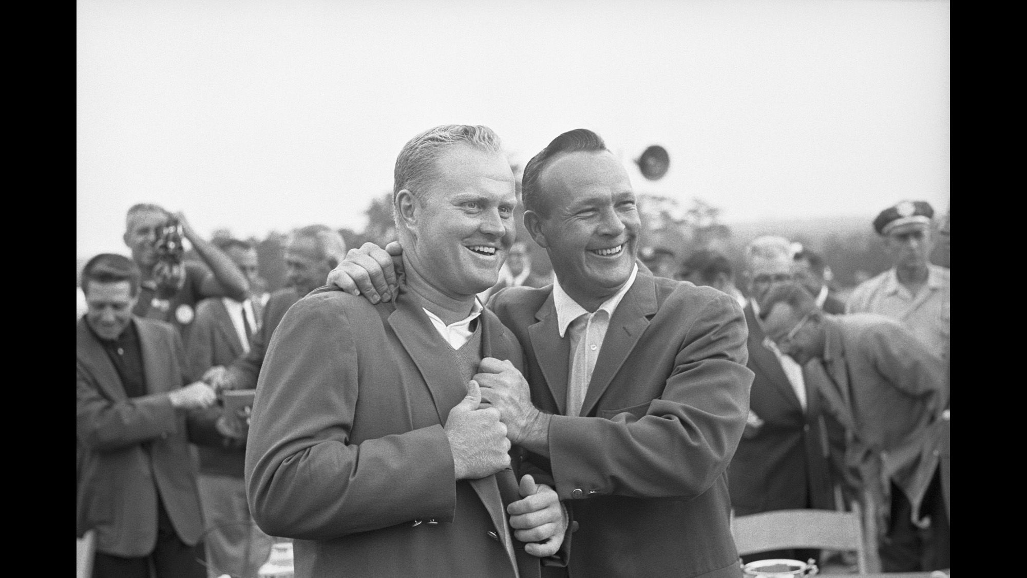 Defending champion Palmer, right, poses with Jack Nicklaus, who won his second Masters title and set a new tournament record on April 11, 1965.