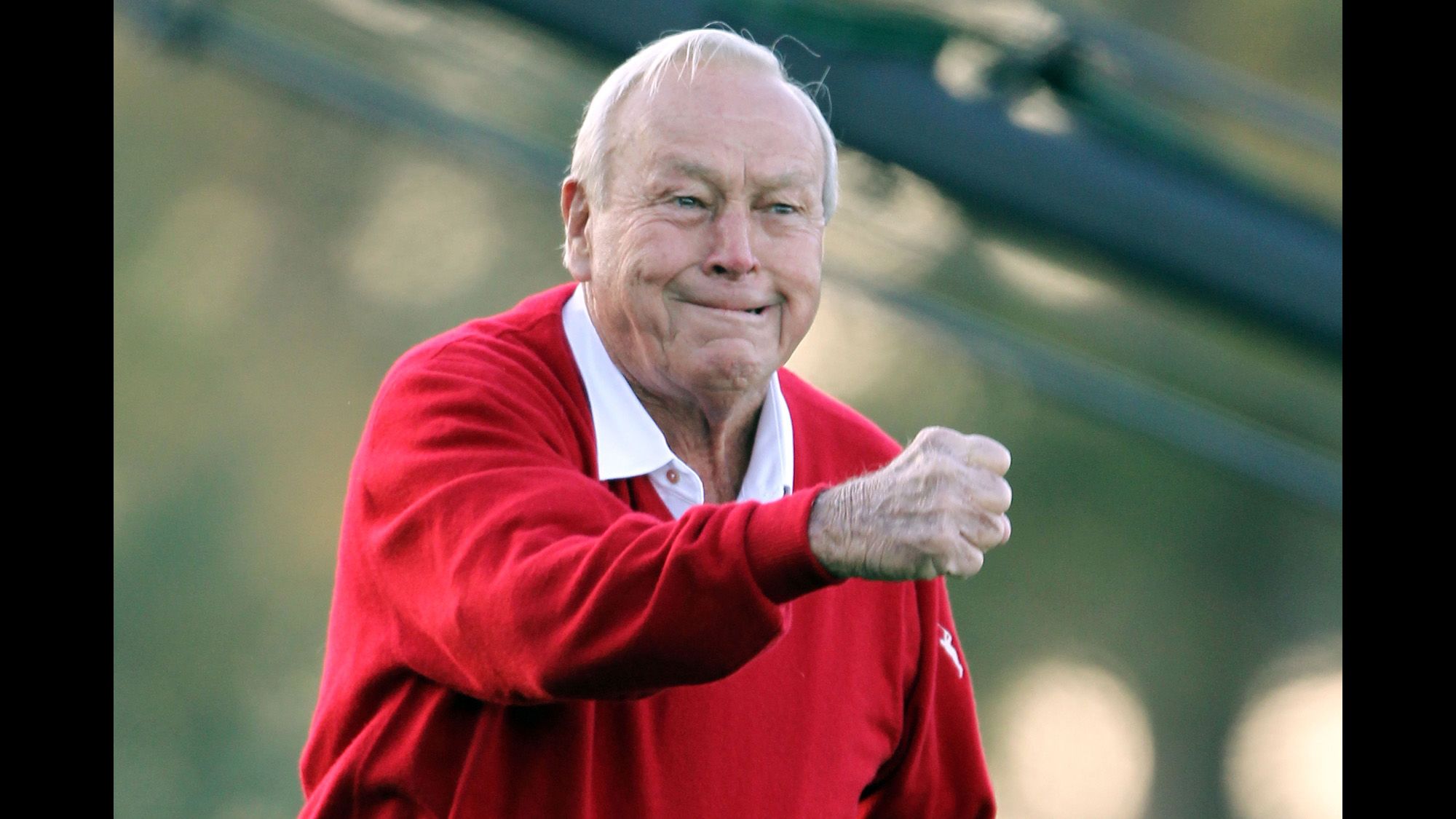 Palmer reacts during the ceremonial first tee shot at the start of the 2011 Masters.
