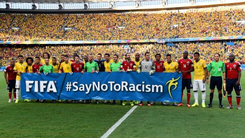 FIFA's "Say no to racism" campaign slogan features in the 2014 World Cup Quarter Final clash between Brazil and Colombia.