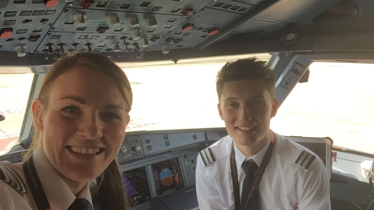 Easyjet captain Kate McWilliams in the cockpit with co-pilot Luke Elsworth.