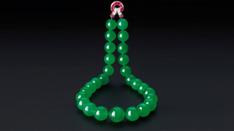 What's the most expensive piece of jadeite jewelery ever to be sold at auction? This jadeite, ruby and diamond necklace, once owned by Woolworth heiress Barbara Hutton, sold for more than $27.4 million at a Sotheby's auction in Hong Kong in 2014.