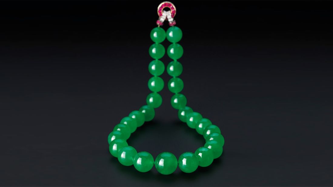 What's the most expensive piece of jadeite jewelery ever to be sold at auction? This jadeite, ruby and diamond necklace, once owned by Woolworth heiress Barbara Hutton, sold for more than $27.4 million at a Sotheby's auction in Hong Kong in 2014.