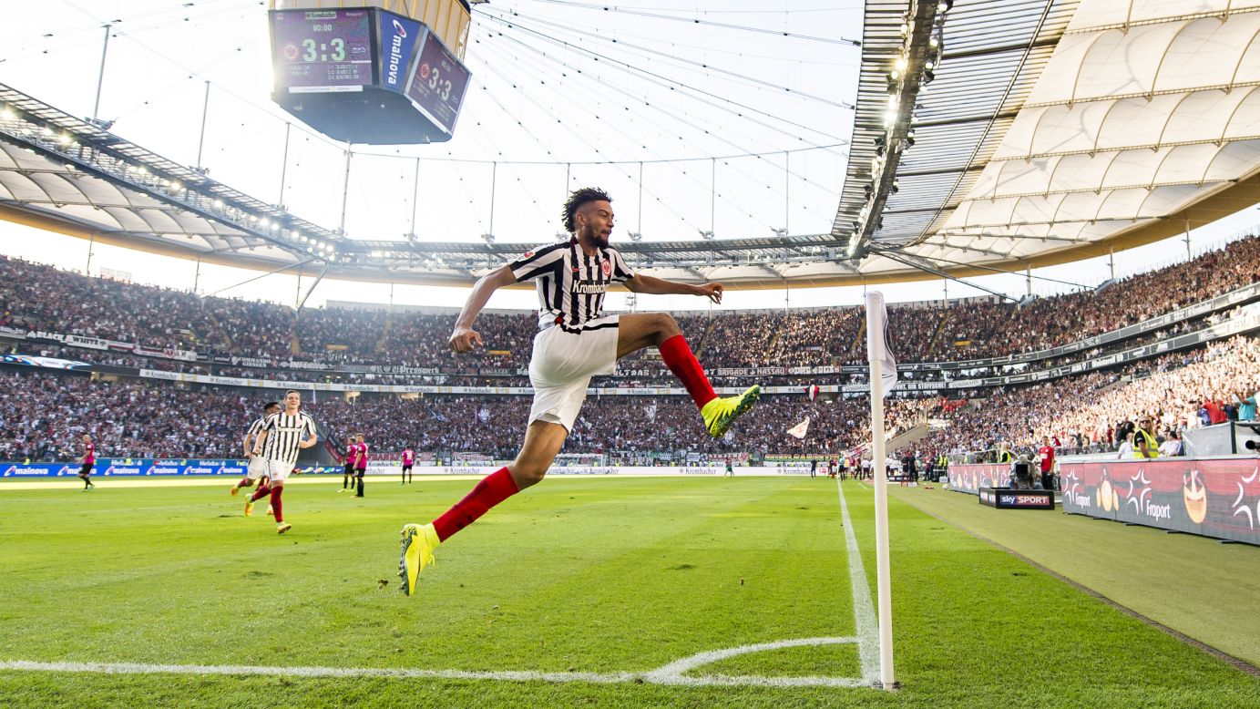 Michael Hector celebrates his goal against Hertha Berlin during a Bundesliga match in Frankfurt am Main, Germany, on Saturday, September 24. The late goal came in second-half stoppage time and earned Eintracht Frankfurt a 3-3 draw.