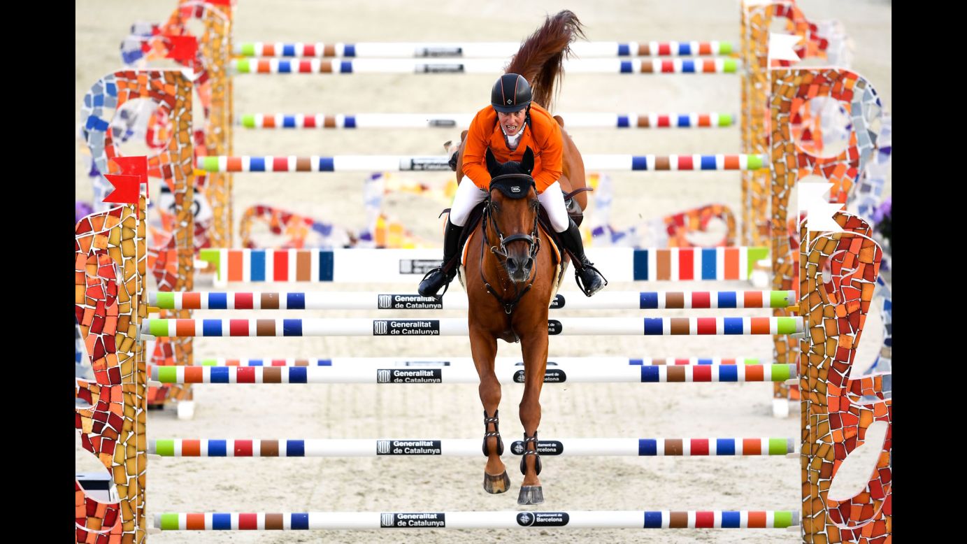 Gerco Schroder, aboard Glock's London, competes for the Netherlands in a Nations Cup show-jumping event in Barcelona, Spain, on Thursday, September 22.