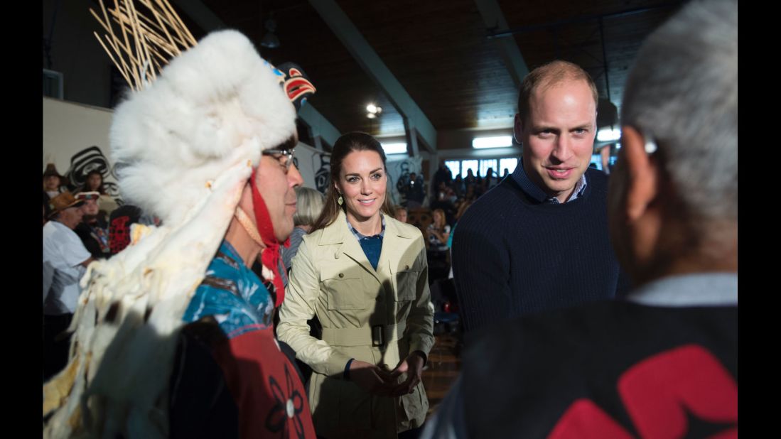 The royal couple greet native elders in Bella Bella, British Columbia, on Monday, September 26.