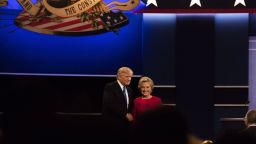 Hillary Clinton and Donald Trump shake hands at the first presidential debate on September 26, 2016, in Hempstead, New York.