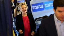 WHITE PLAINS, NY - SEPTEMBER 27:  Democratic presidential nominee former Secretary of State Hillary Clinton prepares to speak to reporters aboard her campaign plane before departing from Westchester County Airport on September 27, 2016 in White Plains, New York. Hillary Clinton is campaigning in North Carolina a day after facing off with Republican presidential nominee Donald Trump in the first presidential debate.  (Photo by Justin Sullivan/Getty Images)