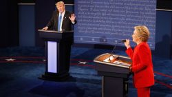 HEMPSTEAD, NY - SEPTEMBER 26:  Republican presidential nominee Donald Trump (L) speaks as Democratic presidential nominee Hillary Clinton listens during the Presidential Debate at Hofstra University on September 26, 2016 in Hempstead, New York.  The first of four debates for the 2016 Election, three Presidential and one Vice Presidential, is moderated by NBC's Lester Holt.  (Photo by Pool/Getty Images)