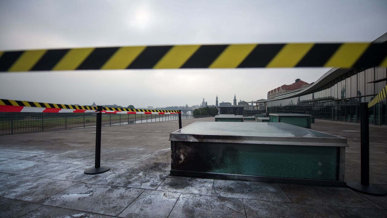 Dresden's International Congress Center is cordoned off Tuesday after a bomb attack.