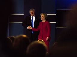 Donald Trump and Hillary Clinton shake hands at the first presidential debate on September 26, 2016, in Hempstead, New York.