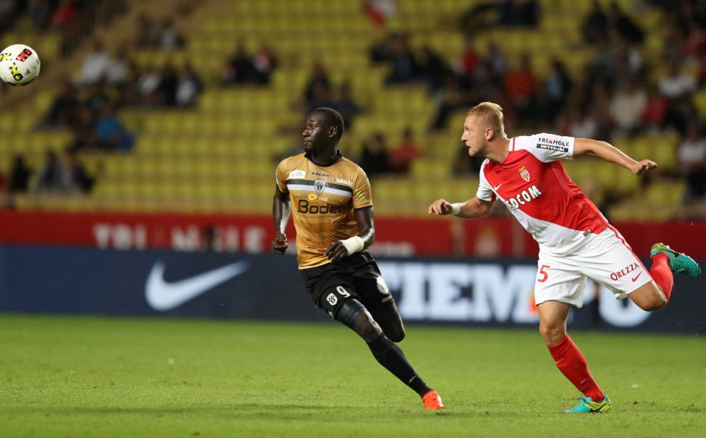 Glik (right) heads the ball against French Ligue 1 side Angers. The match saw an attendance of just 6,075 people.