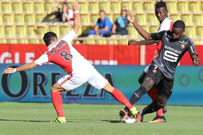 In July 2016, midfielder Joao Moutinho (left) won the Euros with Portugal in front of 75,000 people. In Monaco, he plays in front of sparser crowds. He is pictured vying for the ball with Rennes' forward Paul-Georges Ntep.