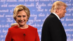 Democratic nominee Hillary Clinton and Republican nominee Donald Trump leave the stage after the first presidential debate at Hofstra University in Hempstead, New York on September 26. 