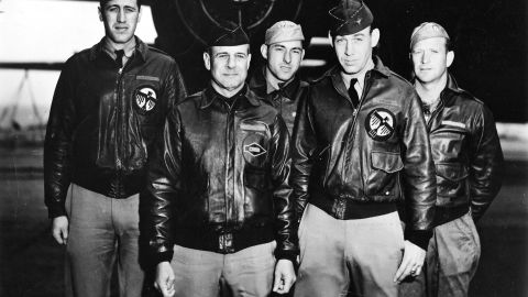 Doolittle's crew: From left: navigator Henry "Hank" Potter, pilot James "Jimmy" Doolittle, bombardier Fred Braemer,  co-pilot Richard "Dick" Cole, engineer/gunner Paul Leonard