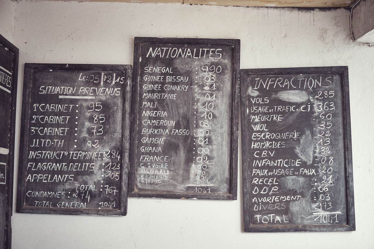 Chalk boards detail the number of inhabitants, nationalities and crimes committed at the prison in Thiès, Senegal.