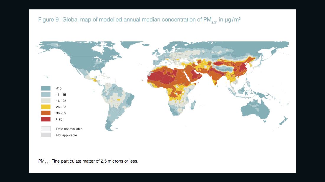 A new map of annual levels of PM2.5 found around the world, released by the World Health Organization.
