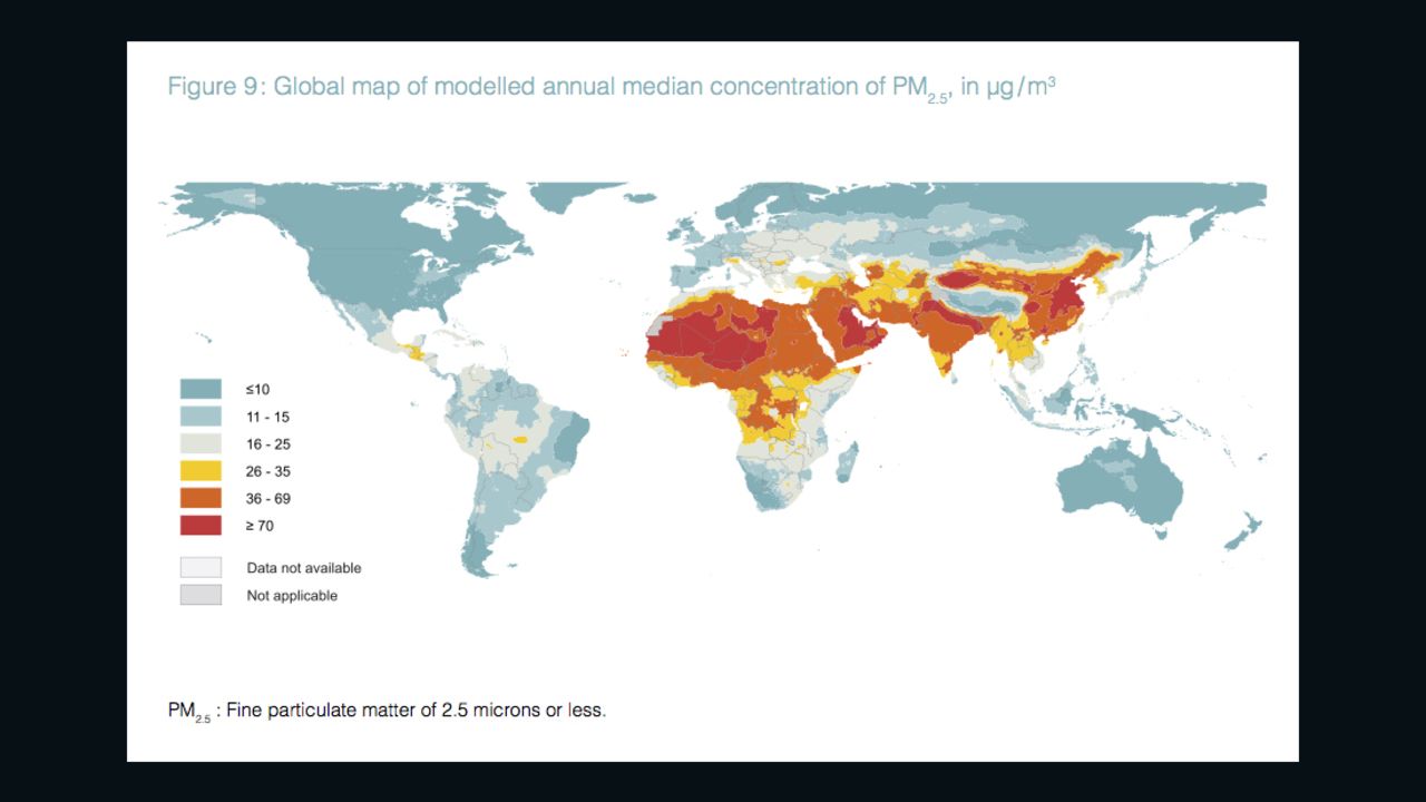A new map of annual levels of PM2.5 found around the world, released by the World Health Organization on Tuesday.