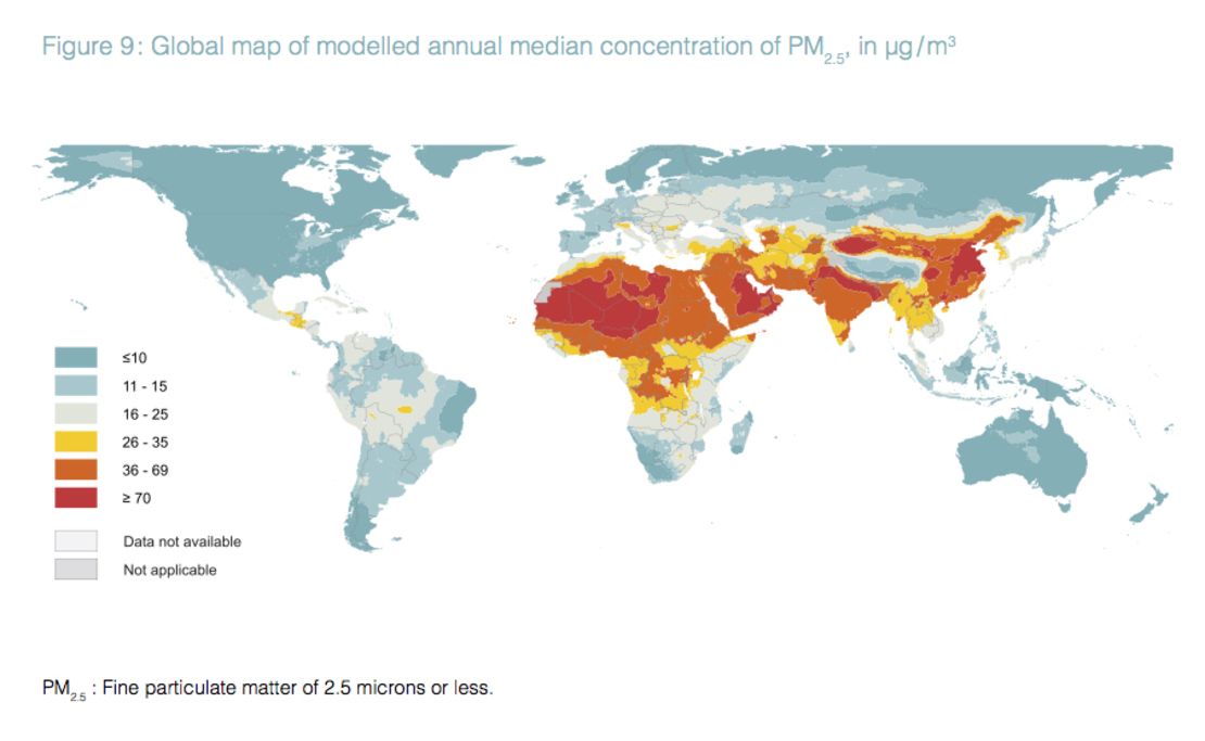A new map of annual levels of PM2.5, released by the World Health Organization on Tuesday.