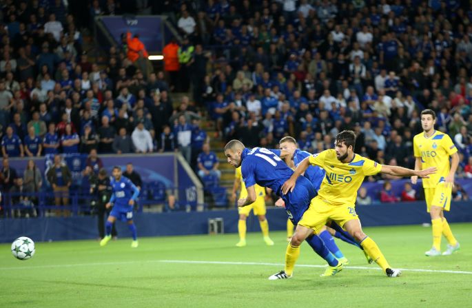 Islam Slimani scored the first ever Champions League goal at Leicester's King Power Stadium as the English side won 1-0 against Porto.